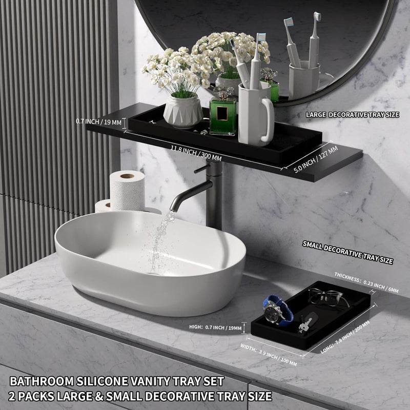 BBK Bathroom Vanity Tray- 2 Pack (7.8'' and 11.8'') Silicone Bathroom Tray for Counter, Perfume Key Trinket Ring Tray, Decor Soap Dispenser Countertop Tray for Kitchen Sink Organization.(Black) (VT2) - Image 3